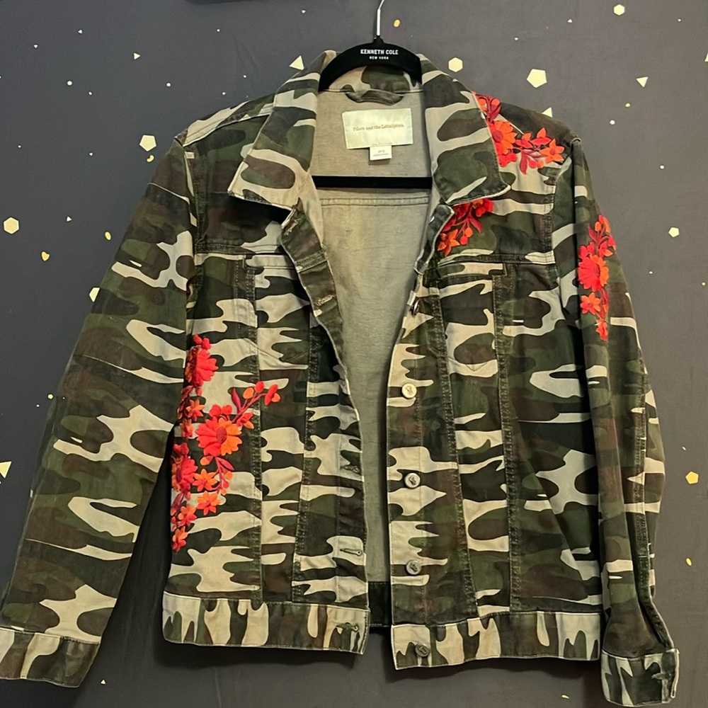 Camo denim jacket with embroidered floral